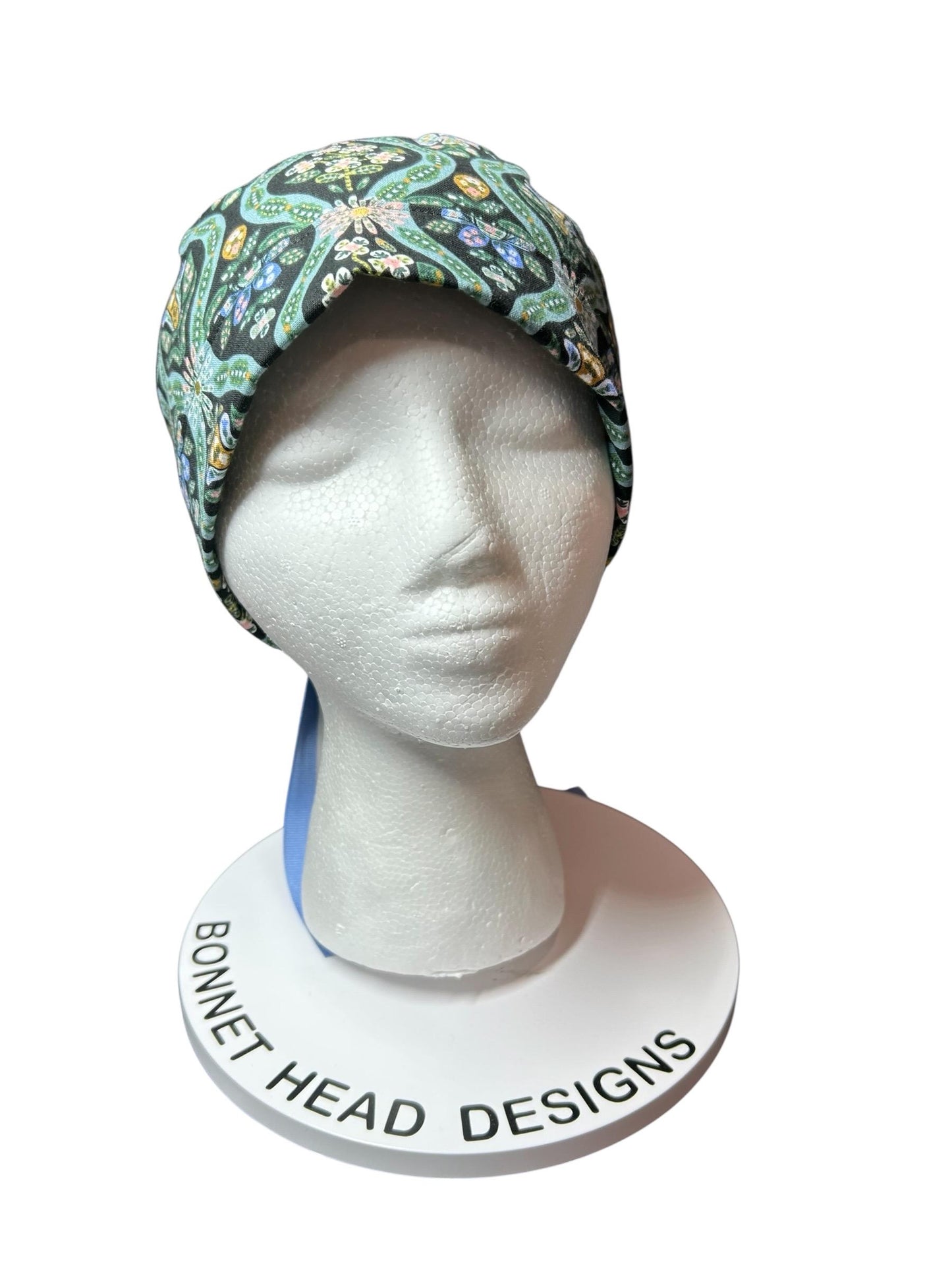 English Rose Posey print ponytail scrub cap: Rifle Paper Co fabric with ribbon ties