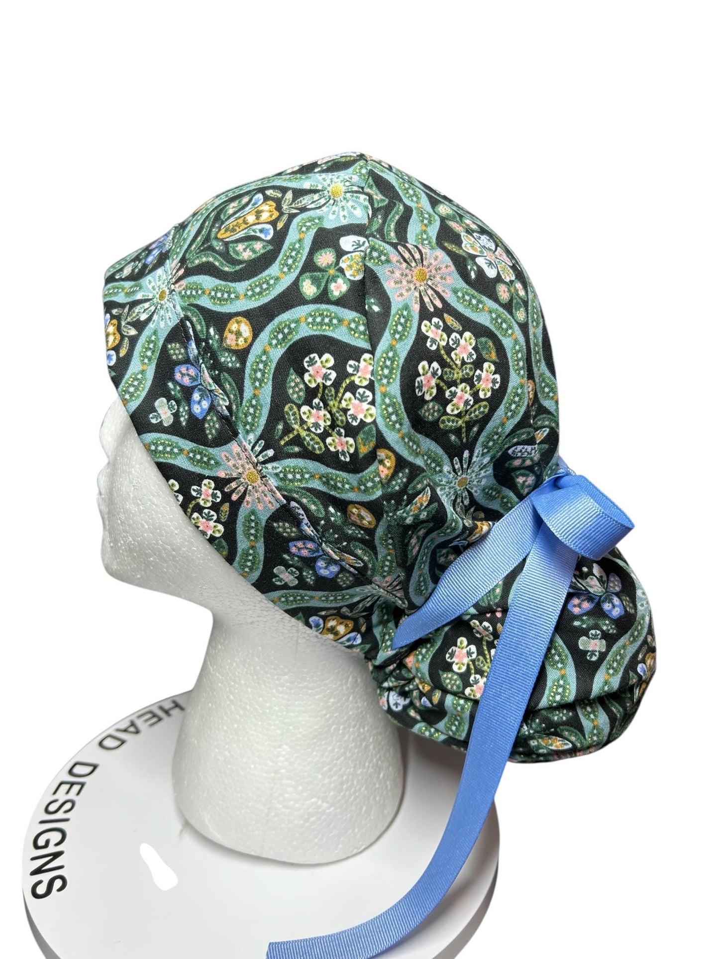 English Rose Posey print ponytail scrub cap: Rifle Paper Co fabric with ribbon ties