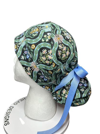 English Rose Posey print ponytail scrub cap: Rifle Paper Co fabric with ribbon ties