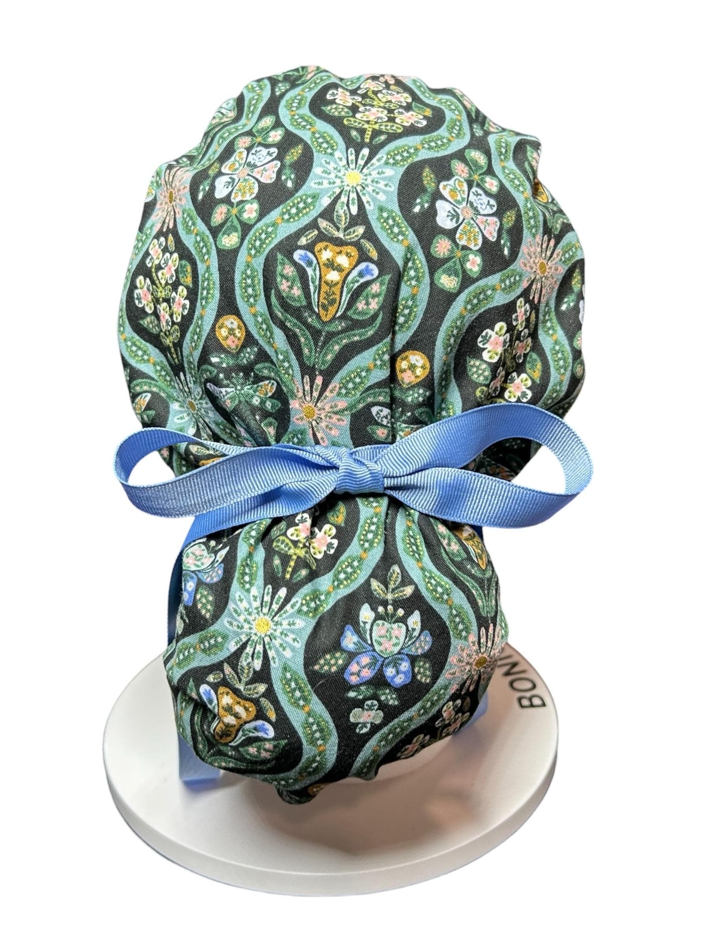 English Rose Posey print ponytail scrub cap: Rifle Paper Co fabric with ribbon ties