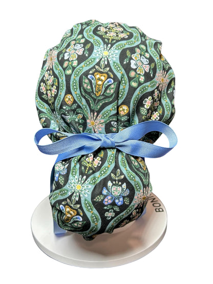 English Rose Posey print ponytail scrub cap: Rifle Paper Co fabric with ribbon ties