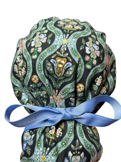 English Rose Posey print ponytail scrub cap: Rifle Paper Co fabric with ribbon ties