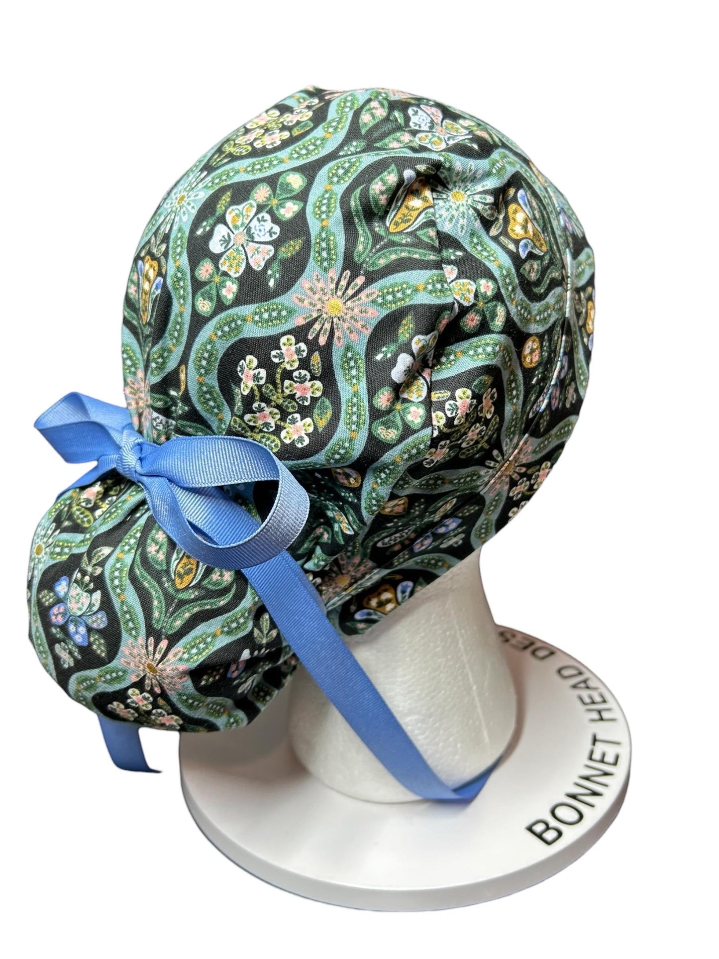 English Rose Posey print ponytail scrub cap: Rifle Paper Co fabric with ribbon ties