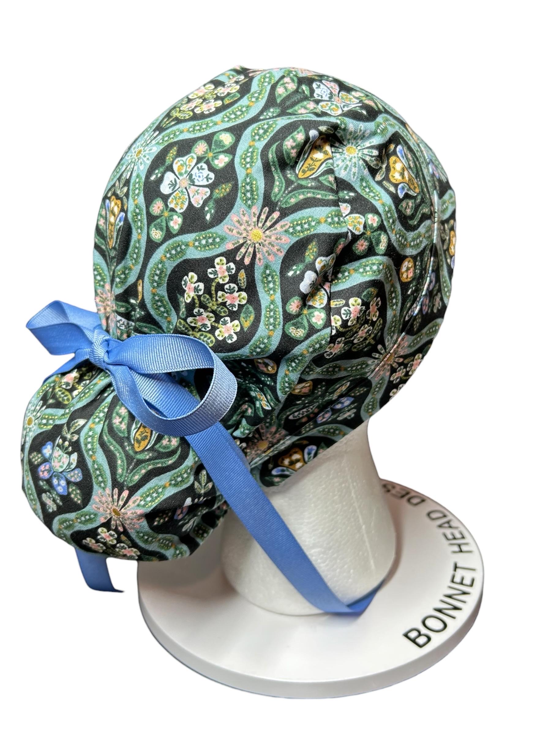 English Rose Posey print ponytail scrub cap: Rifle Paper Co fabric with ribbon ties