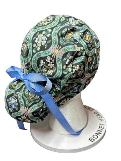 English Rose Posey print ponytail scrub cap: Rifle Paper Co fabric with ribbon ties