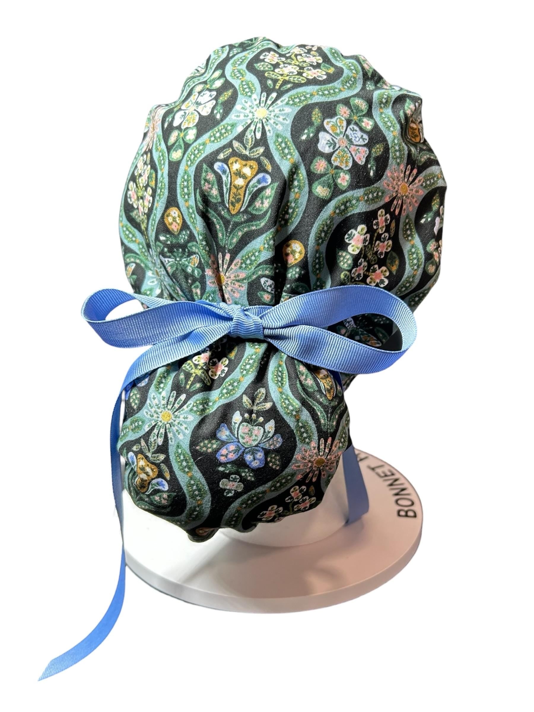 English Rose Posey print ponytail scrub cap: Rifle Paper Co fabric with ribbon ties