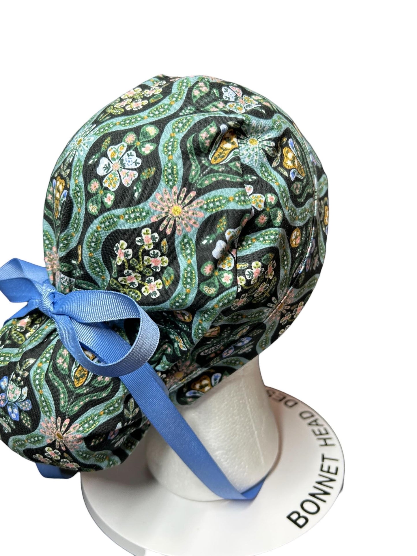 English Rose Posey print ponytail scrub cap: Rifle Paper Co fabric with ribbon ties