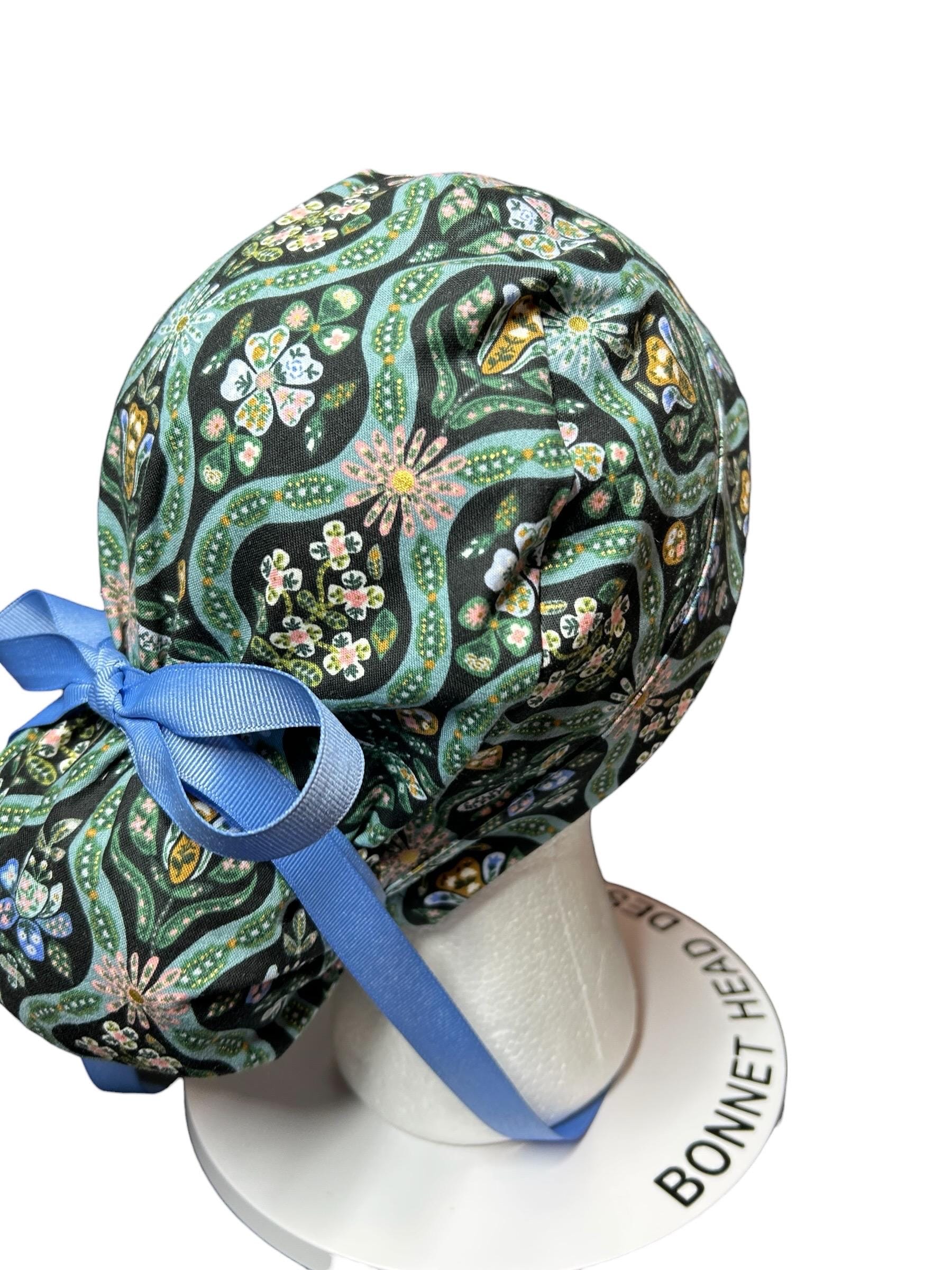 English Rose Posey print ponytail scrub cap: Rifle Paper Co fabric with ribbon ties