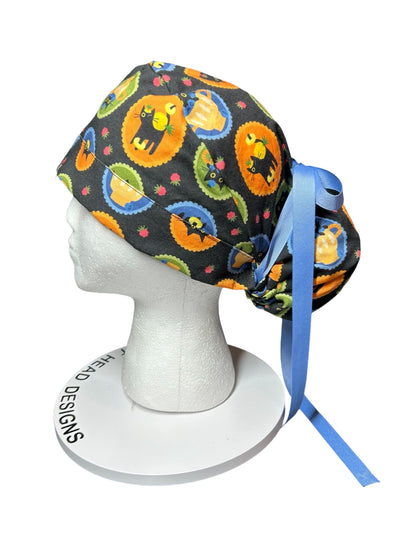 Women's Scrub Cap| cat print hat with ribbon ties | Puurfect Parfait