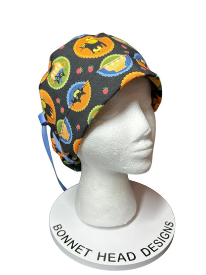 Women's Scrub Cap| cat print hat with ribbon ties | Puurfect Parfait