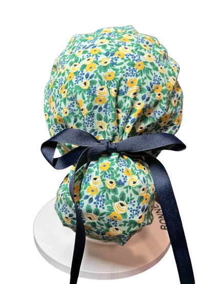 Rifle Paper Co Women’s Floral Scrub Cap: Rosa Mint fabric, Ponytail Style