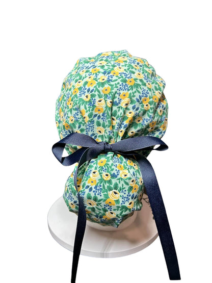 Rifle Paper Co Women’s Floral Scrub Cap: Rosa Mint fabric, Ponytail Style