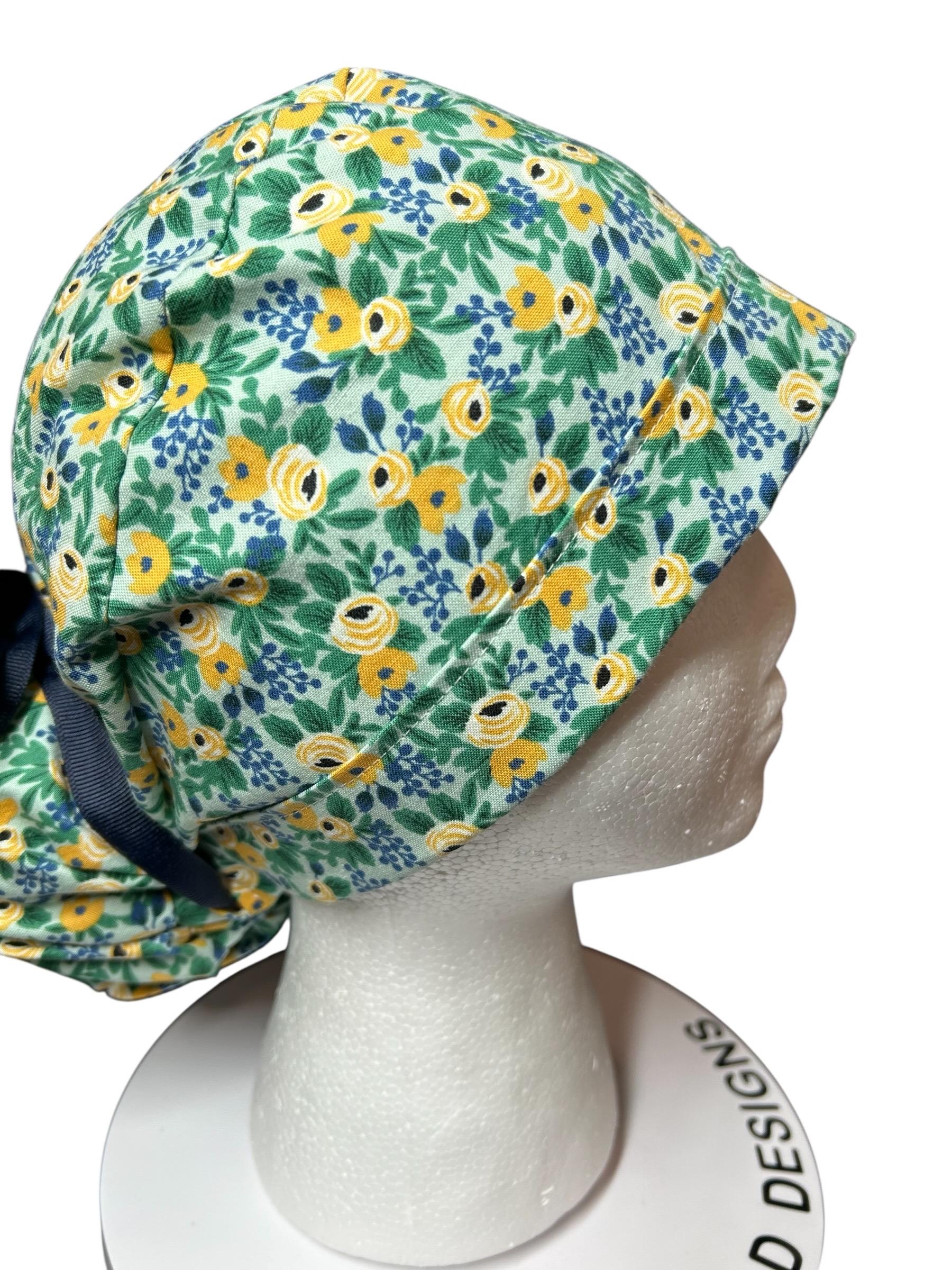 Rifle Paper Co Women’s Floral Scrub Cap: Rosa Mint fabric, Ponytail Style
