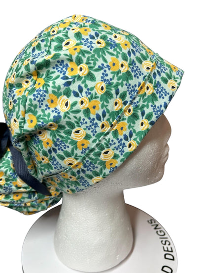 Rifle Paper Co Women’s Floral Scrub Cap: Rosa Mint fabric, Ponytail Style