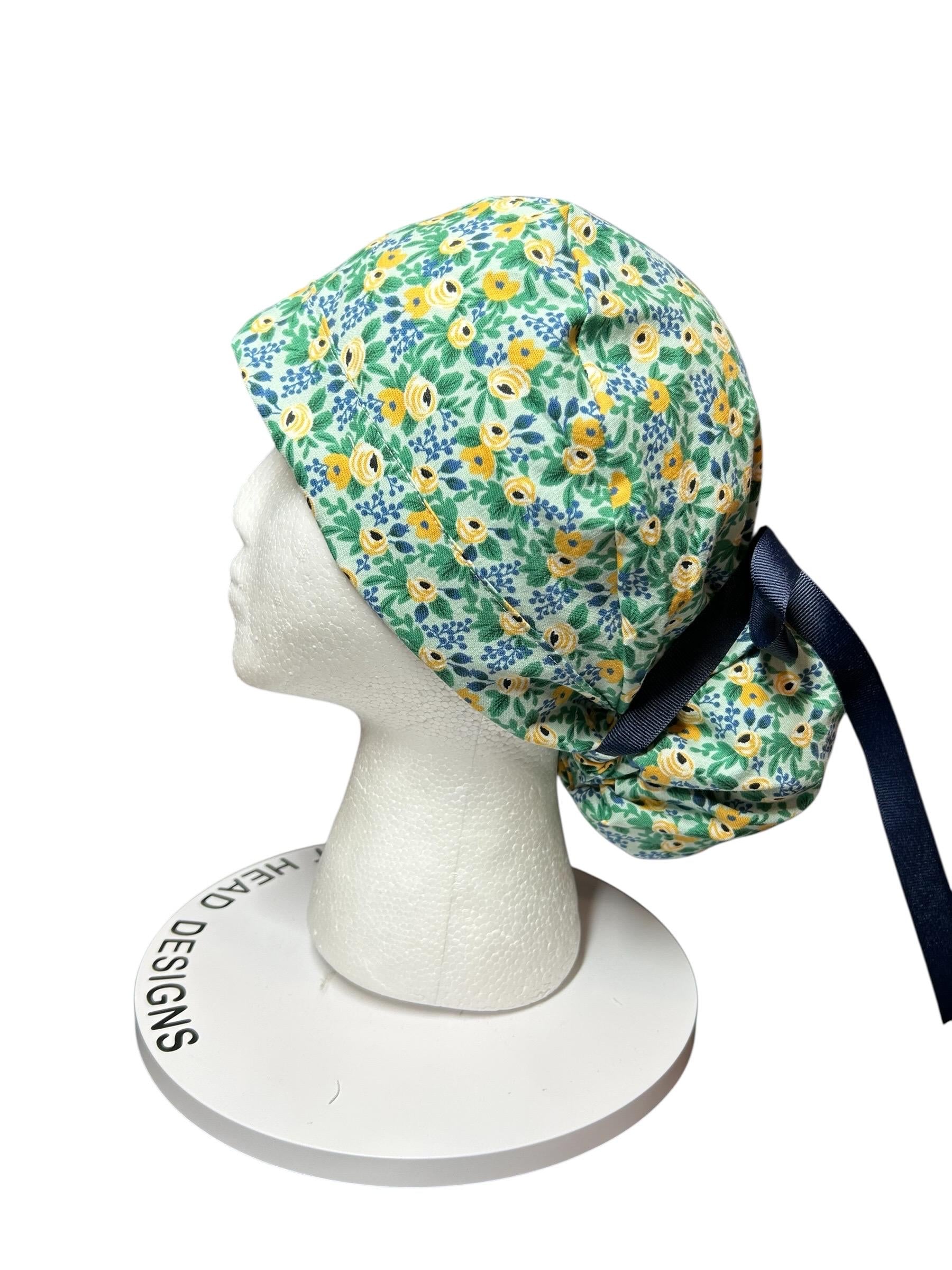 Rifle Paper Co Women’s Floral Scrub Cap: Rosa Mint fabric, Ponytail Style