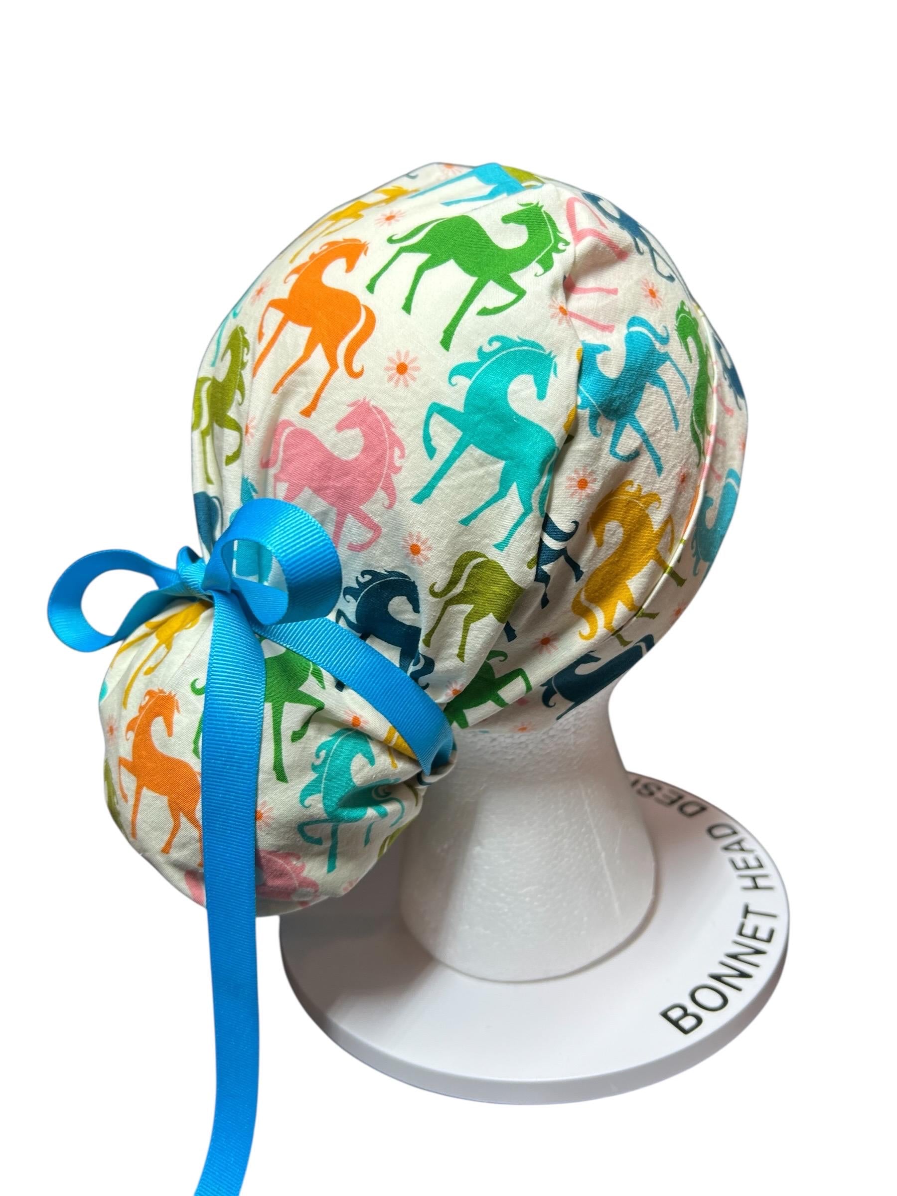 Colorful Pony Print Ponytail Scrub Cap - Ruby Star Society Fabric with ribbon cinch ties