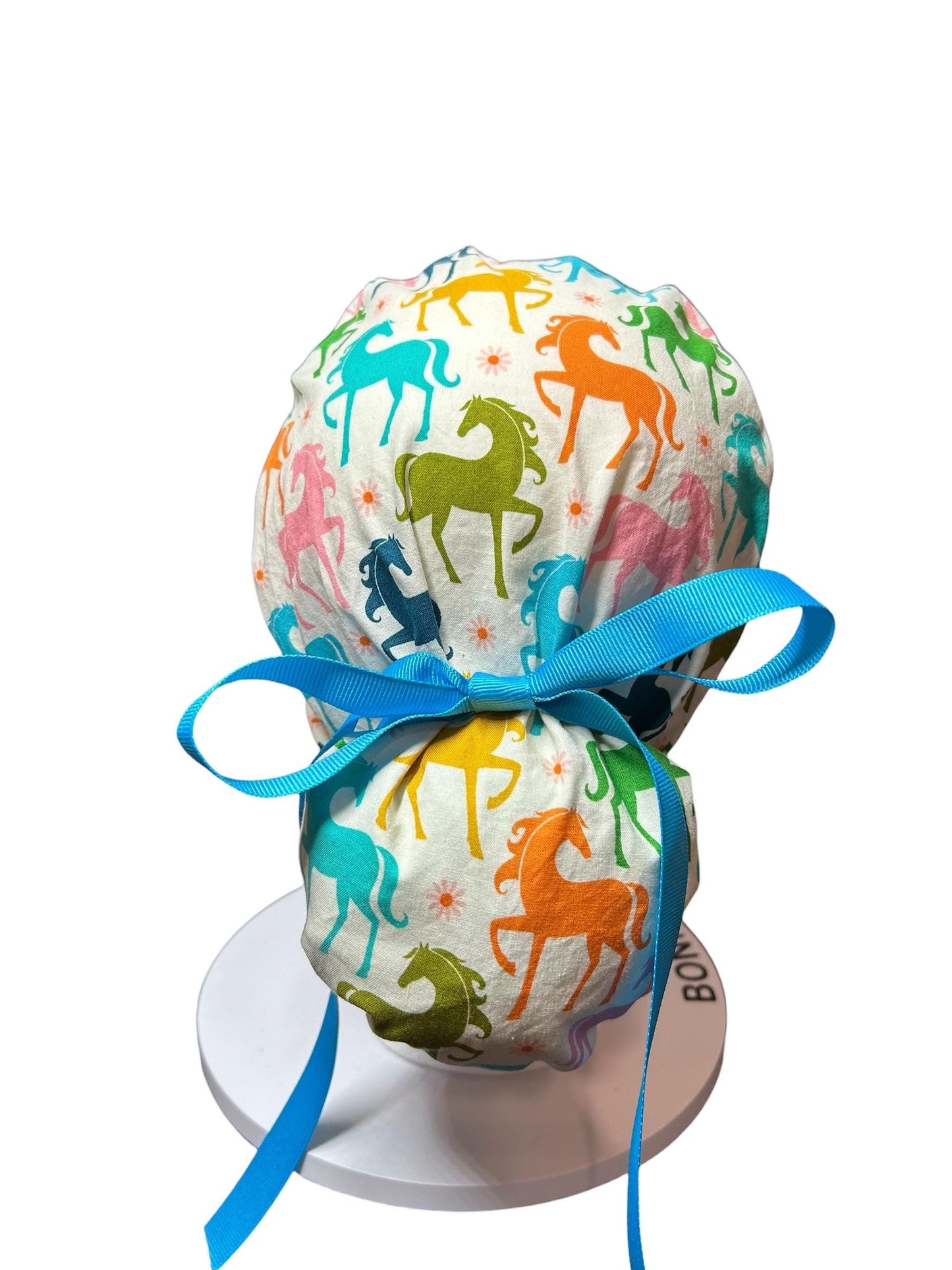 Colorful Pony Print Ponytail Scrub Cap - Ruby Star Society Fabric with ribbon cinch ties