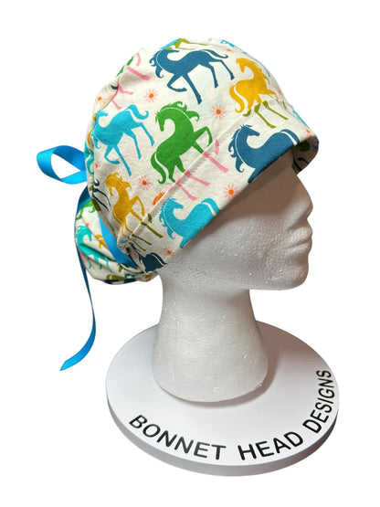 Colorful Pony Print Ponytail Scrub Cap - Ruby Star Society Fabric with ribbon cinch ties