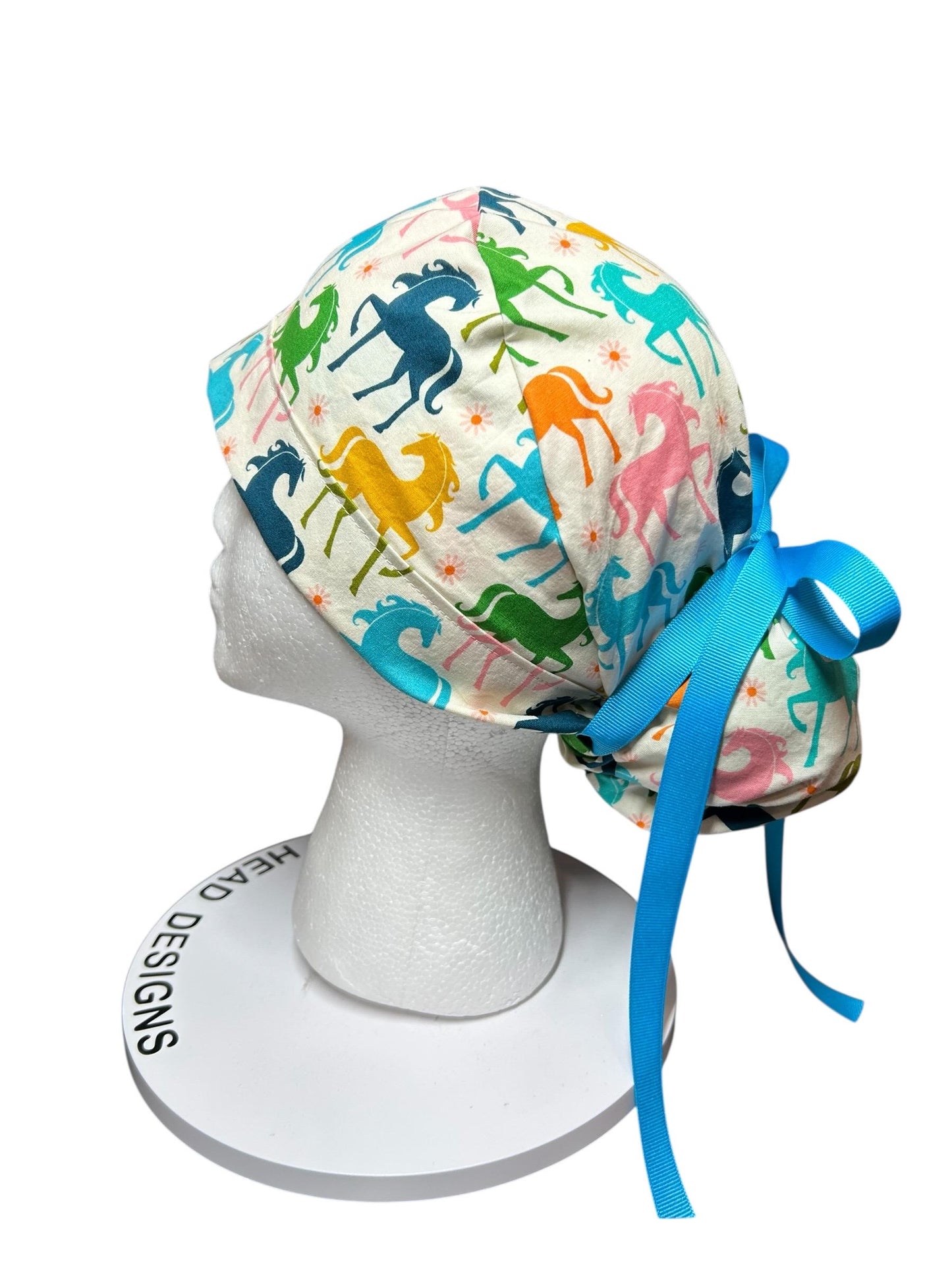 Colorful Pony Print Ponytail Scrub Cap - Ruby Star Society Fabric with ribbon cinch ties