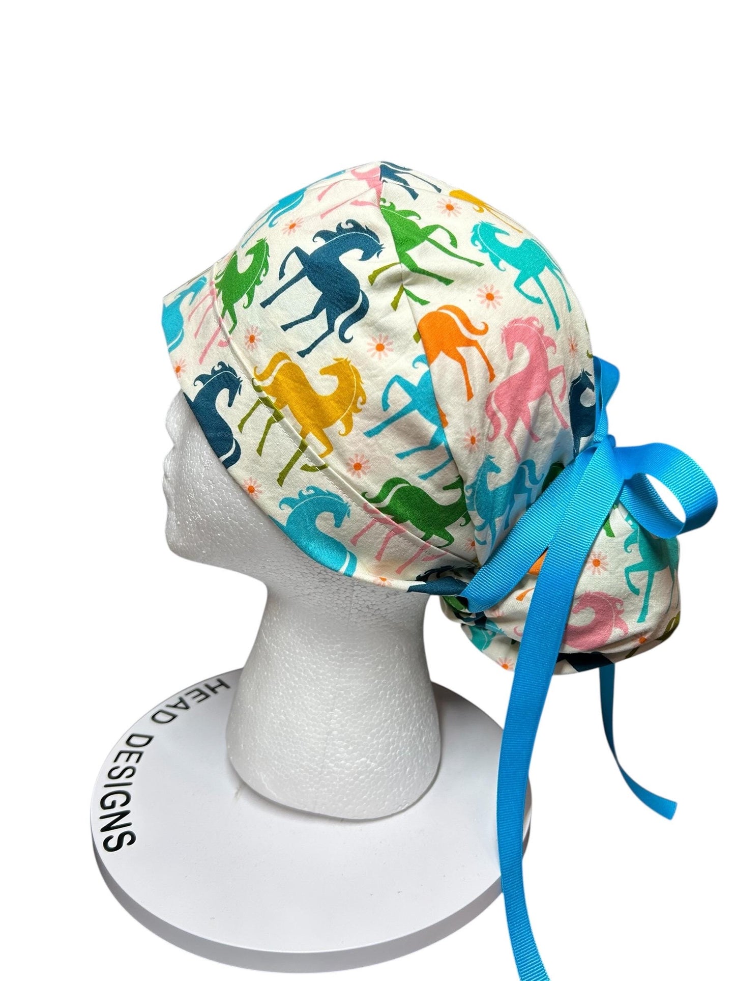 Colorful Pony Print Ponytail Scrub Cap - Ruby Star Society Fabric with ribbon cinch ties
