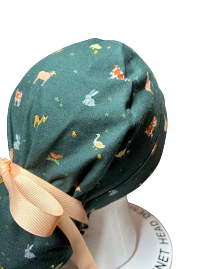 Rifle Paper Co Gracie Farm Animals Ponytail Scrub Cap: Adjustable Cinch Ties, Optional Satin Lining