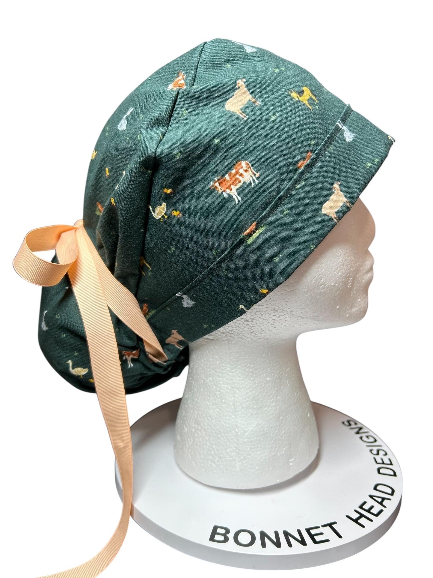 Rifle Paper Co Gracie Farm Animals Ponytail Scrub Cap: Adjustable Cinch Ties, Optional Satin Lining