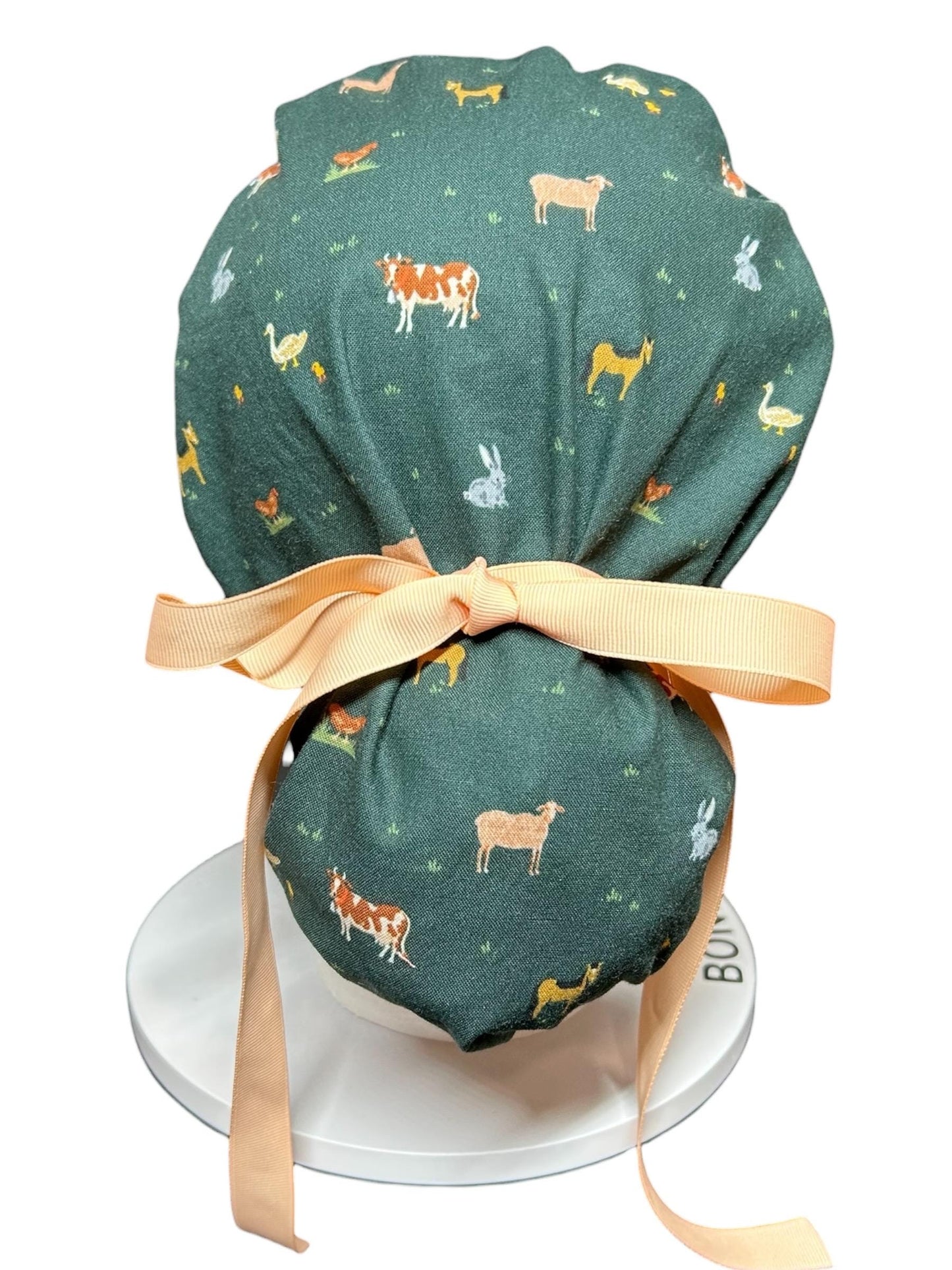 Rifle Paper Co Gracie Farm Animals Ponytail Scrub Cap: Adjustable Cinch Ties, Optional Satin Lining