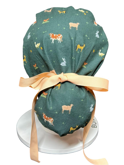 Rifle Paper Co Gracie Farm Animals Ponytail Scrub Cap: Adjustable Cinch Ties, Optional Satin Lining