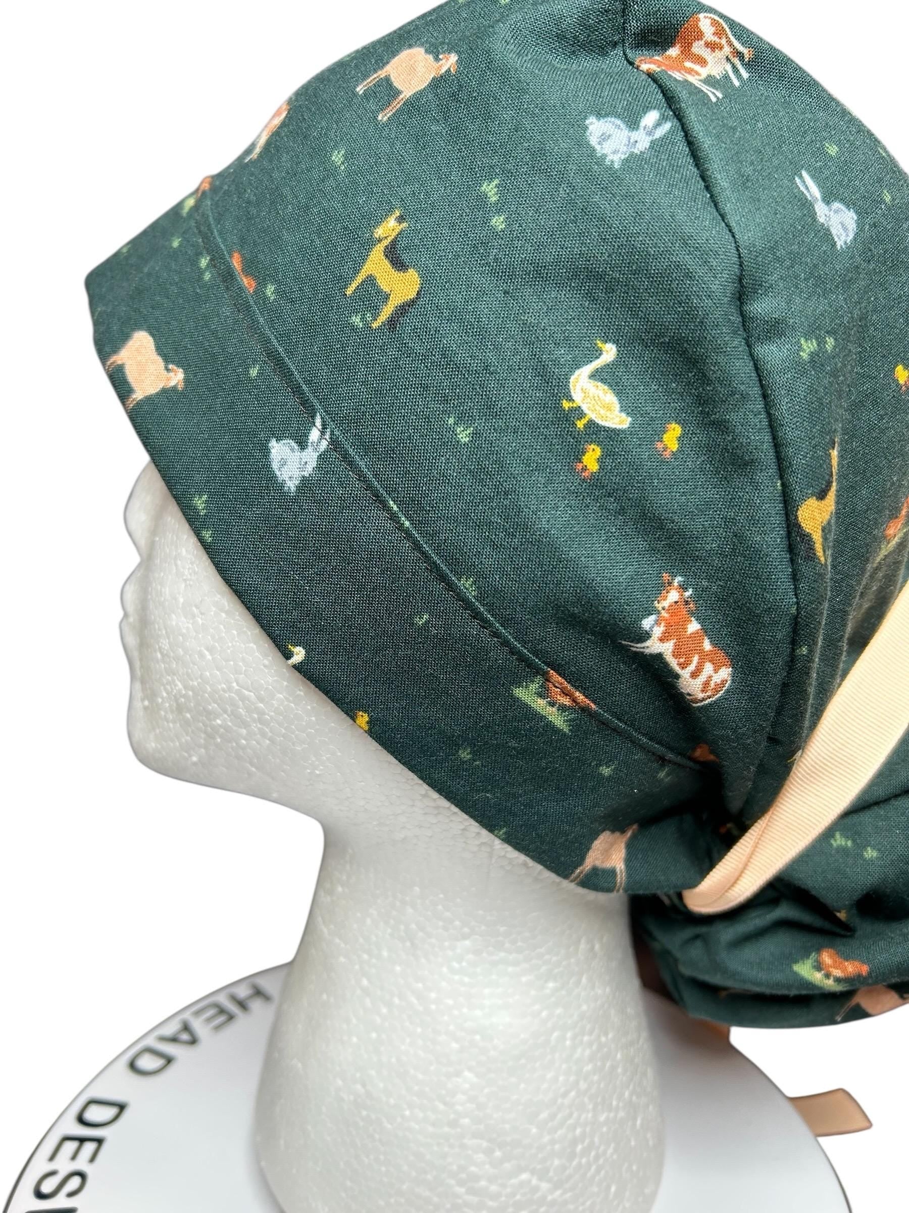 Rifle Paper Co Gracie Farm Animals Ponytail Scrub Cap: Adjustable Cinch Ties, Optional Satin Lining