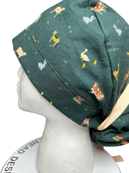 Rifle Paper Co Gracie Farm Animals Ponytail Scrub Cap: Adjustable Cinch Ties, Optional Satin Lining