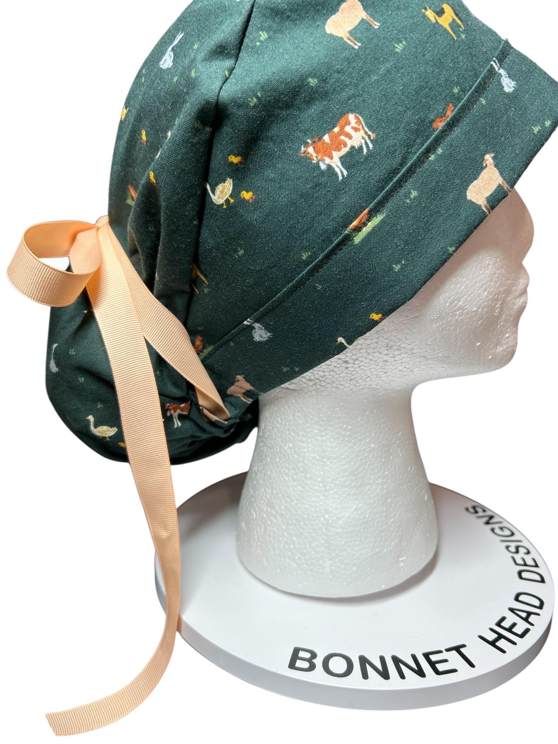 Rifle Paper Co Gracie Farm Animals Ponytail Scrub Cap: Adjustable Cinch Ties, Optional Satin Lining