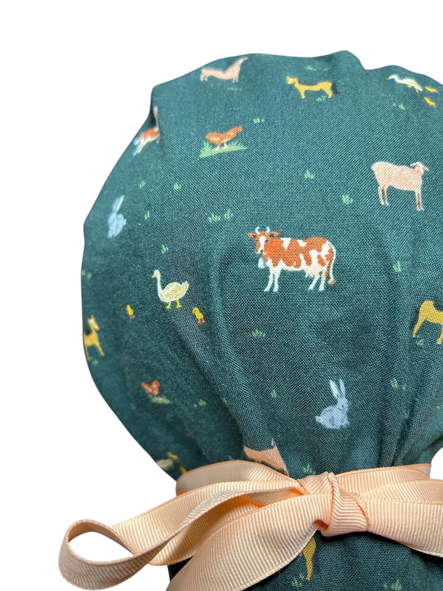 Rifle Paper Co Gracie Farm Animals Ponytail Scrub Cap: Adjustable Cinch Ties, Optional Satin Lining