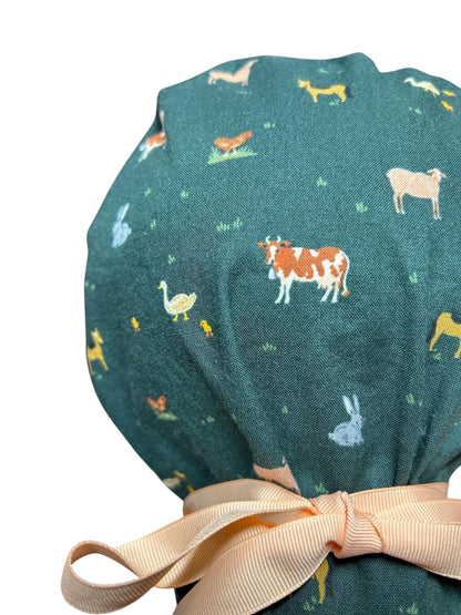 Rifle Paper Co Gracie Farm Animals Ponytail Scrub Cap: Adjustable Cinch Ties, Optional Satin Lining