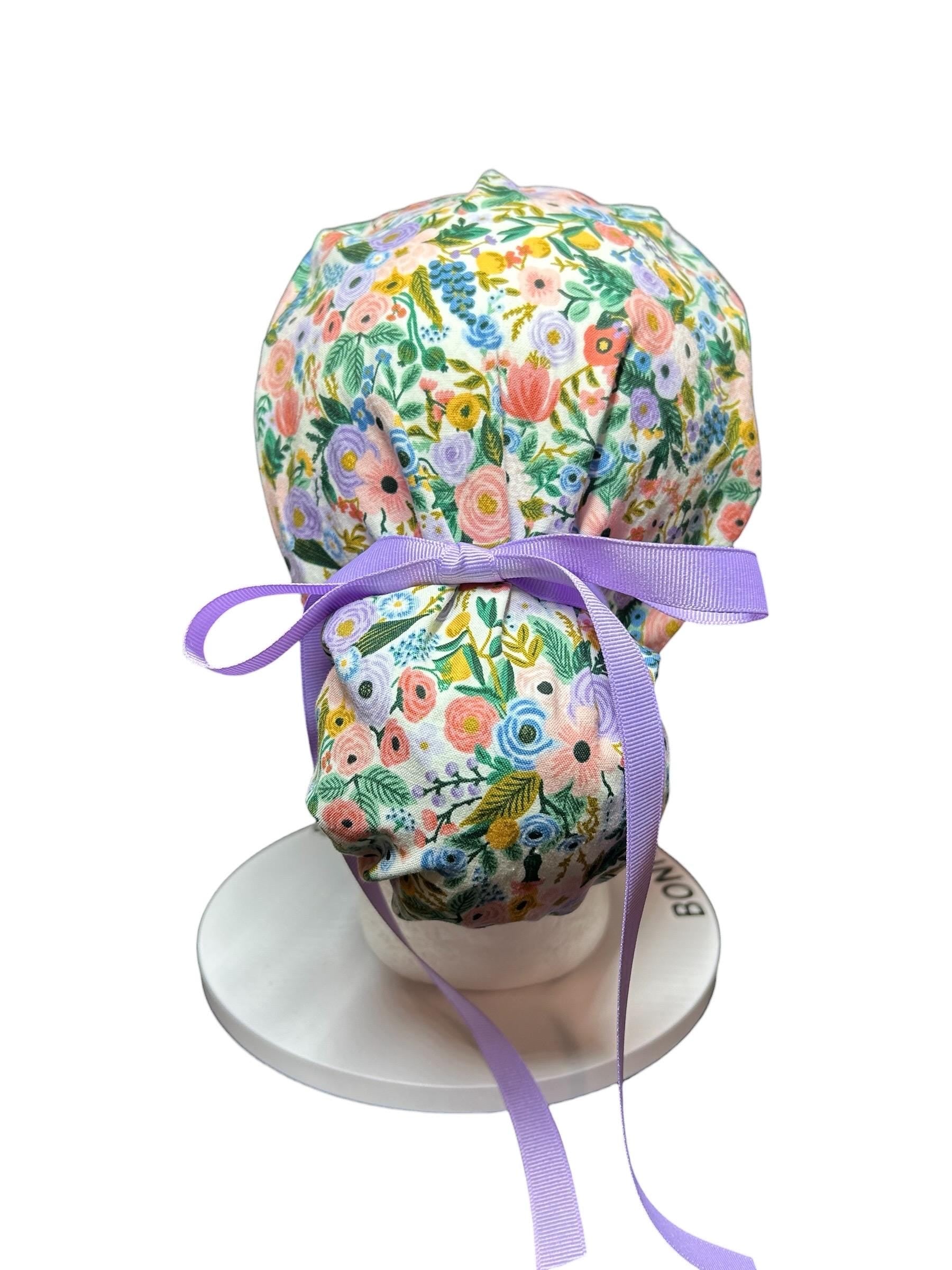 Rifle Paper Co Scrub Cap| Women's Ponytail Style| Cream Petite Garden Party Floral fabric