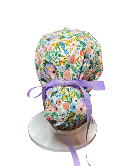 Rifle Paper Co Scrub Cap| Women's Ponytail Style| Cream Petite Garden Party Floral fabric