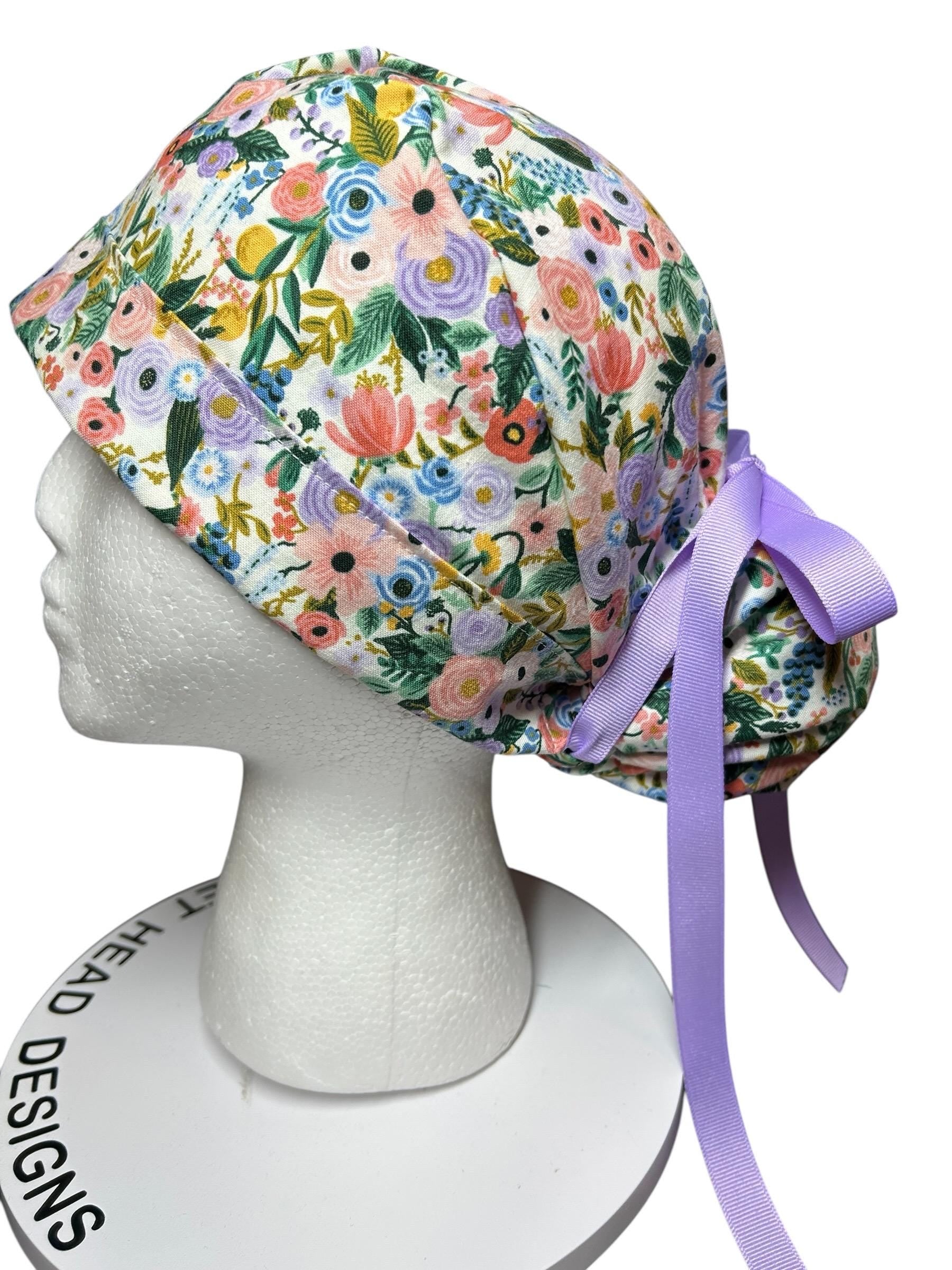Rifle Paper Co Scrub Cap| Women's Ponytail Style| Cream Petite Garden Party Floral fabric