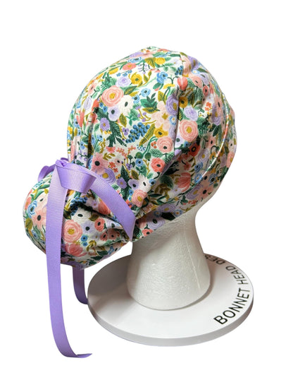 Rifle Paper Co Scrub Cap| Women's Ponytail Style| Cream Petite Garden Party Floral fabric