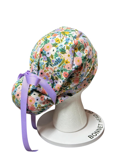 Rifle Paper Co Scrub Cap| Women's Ponytail Style| Cream Petite Garden Party Floral fabric