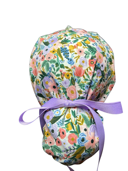 Rifle Paper Co Scrub Cap| Women's Ponytail Style| Cream Petite Garden Party Floral fabric