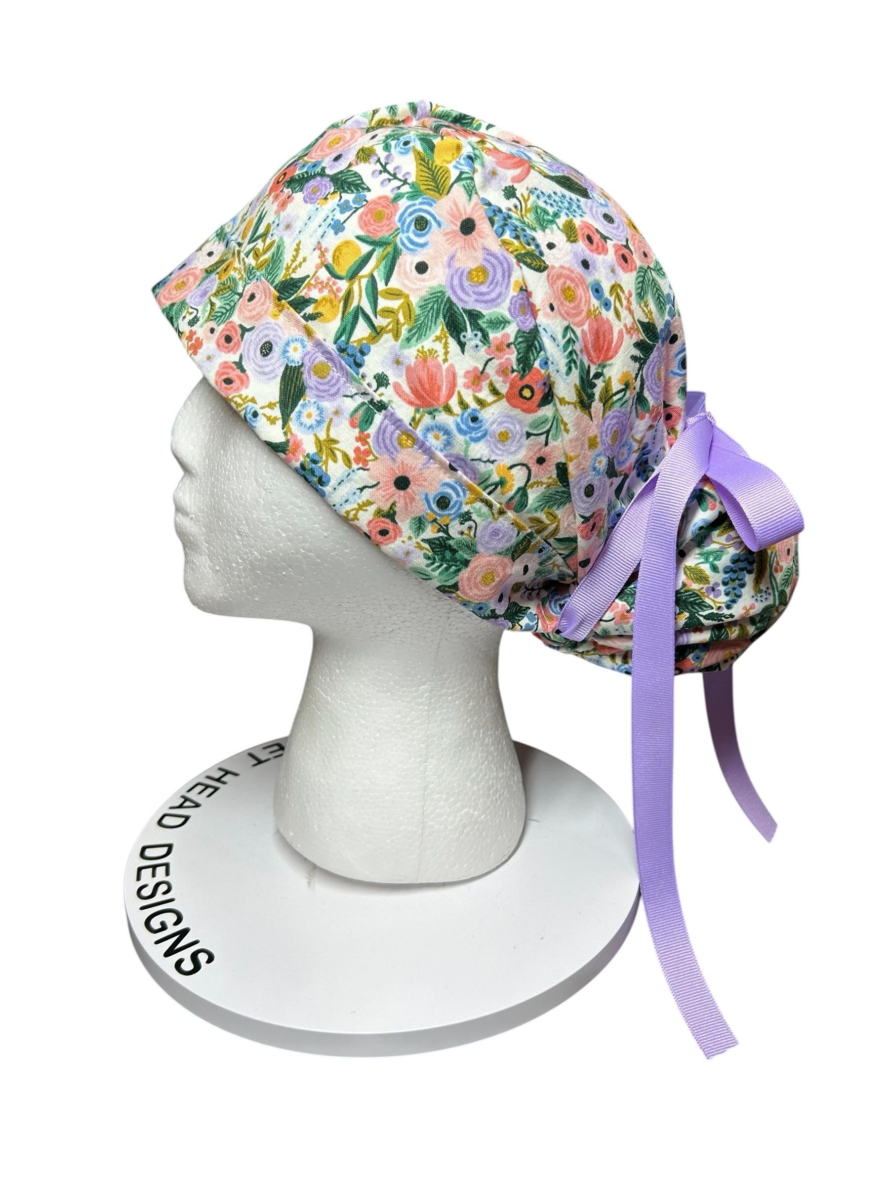 Rifle Paper Co Scrub Cap| Women's Ponytail Style| Cream Petite Garden Party Floral fabric