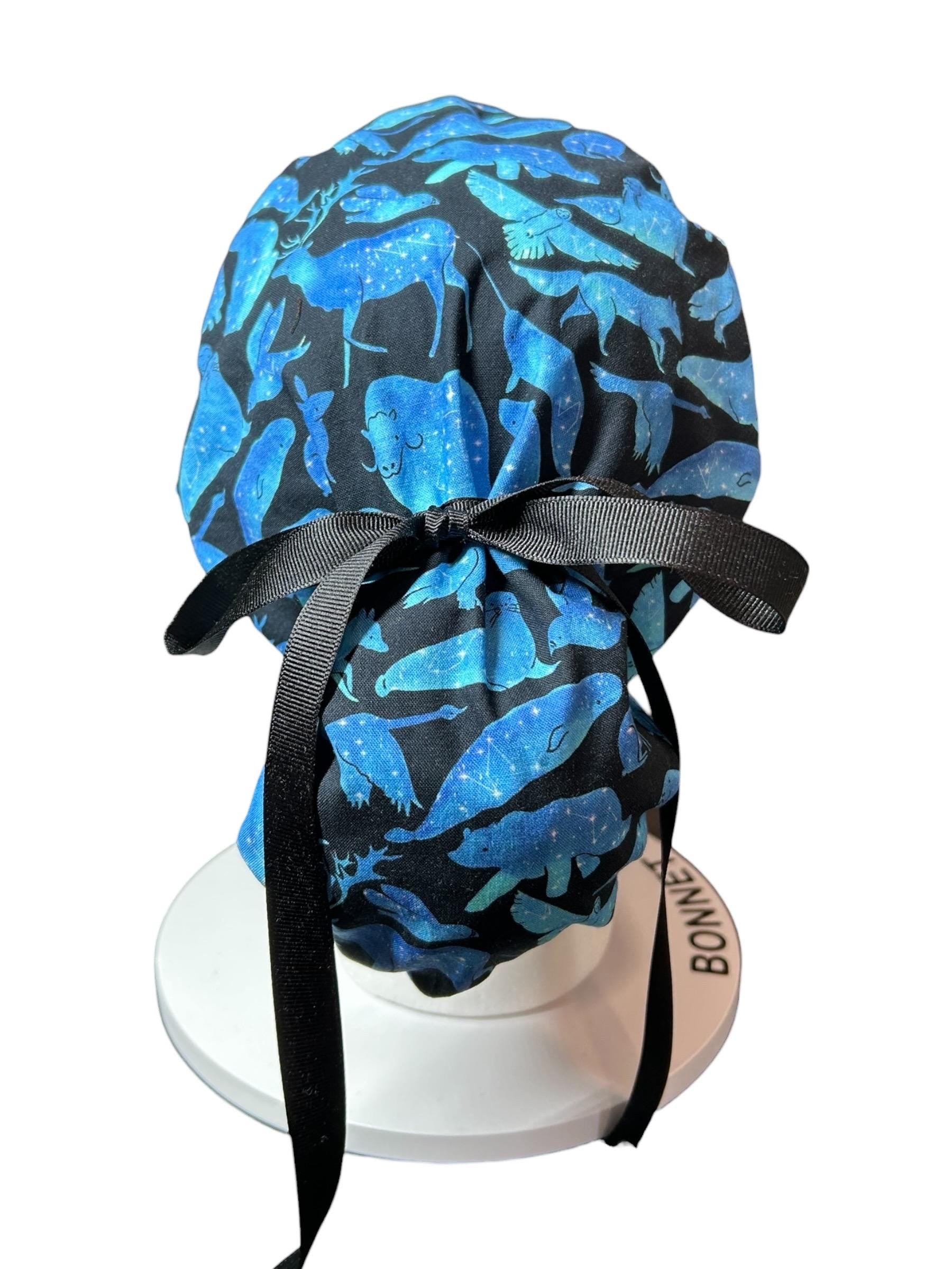 Ponytail scrub cap| Celestial Animals Star print |optional satin lining and mask buttons