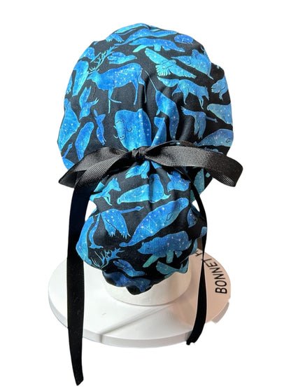 Ponytail scrub cap| Celestial Animals Star print |optional satin lining and mask buttons