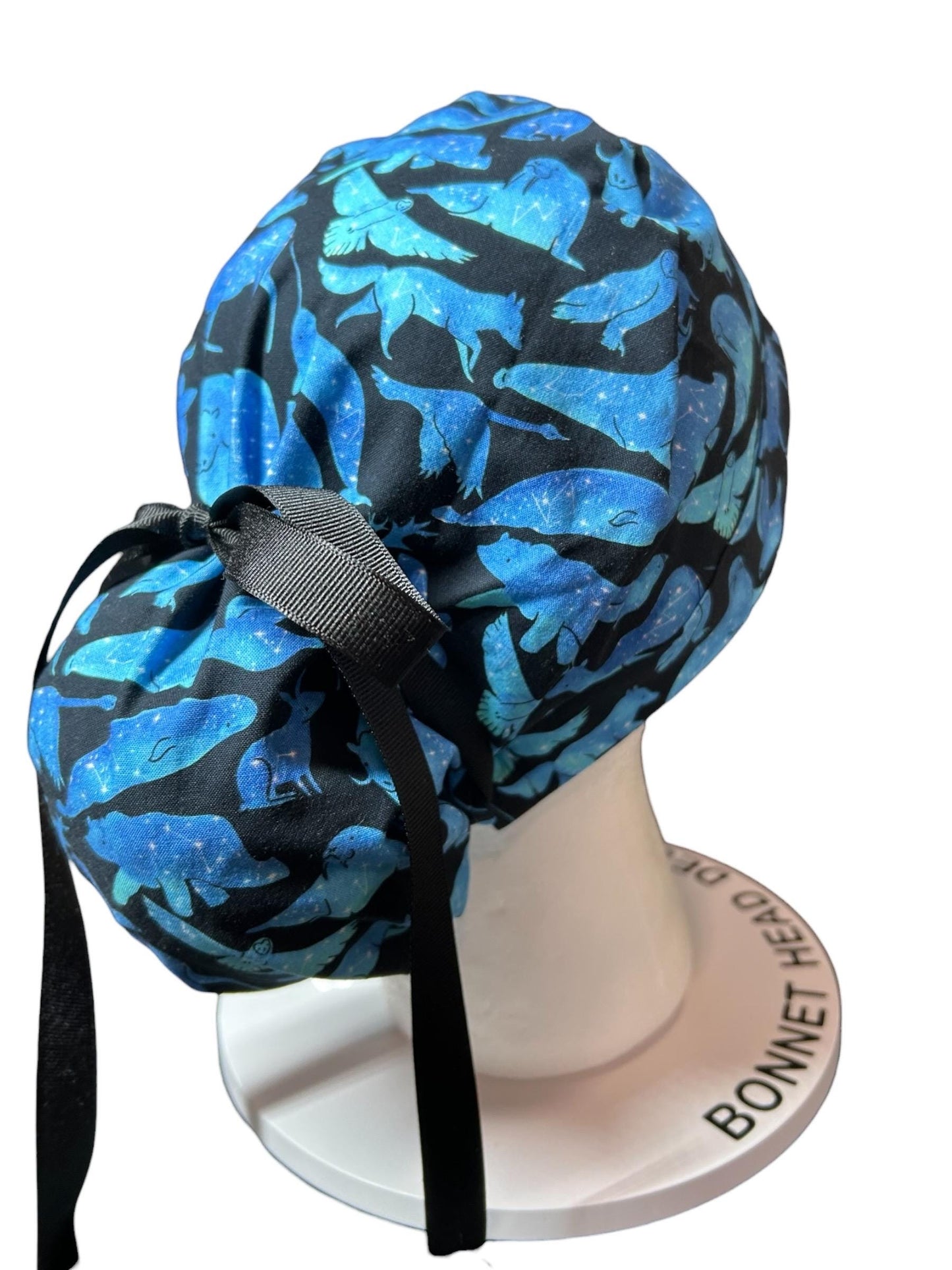 Ponytail scrub cap| Celestial Animals Star print |optional satin lining and mask buttons