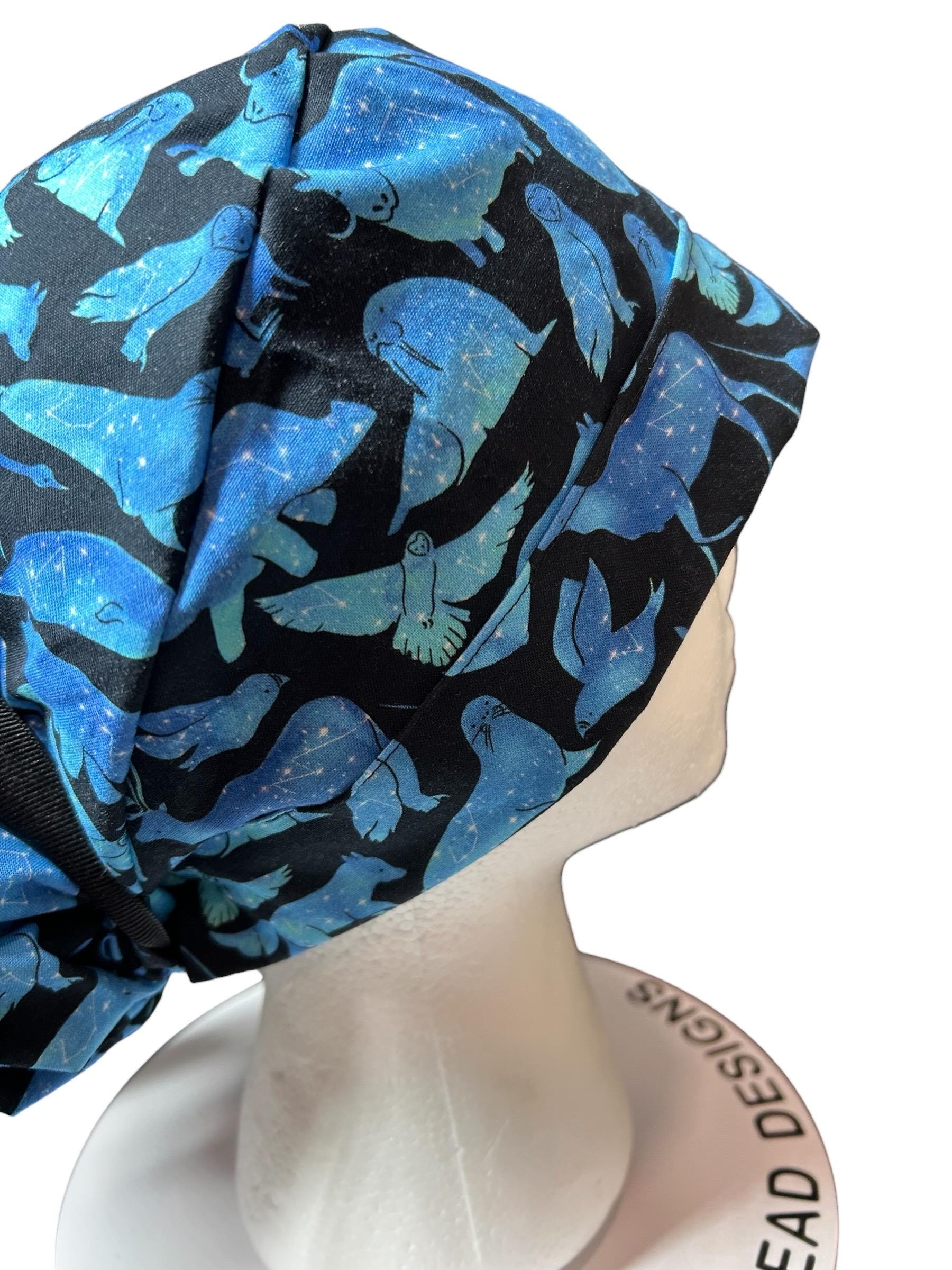 Ponytail scrub cap| Celestial Animals Star print |optional satin lining and mask buttons
