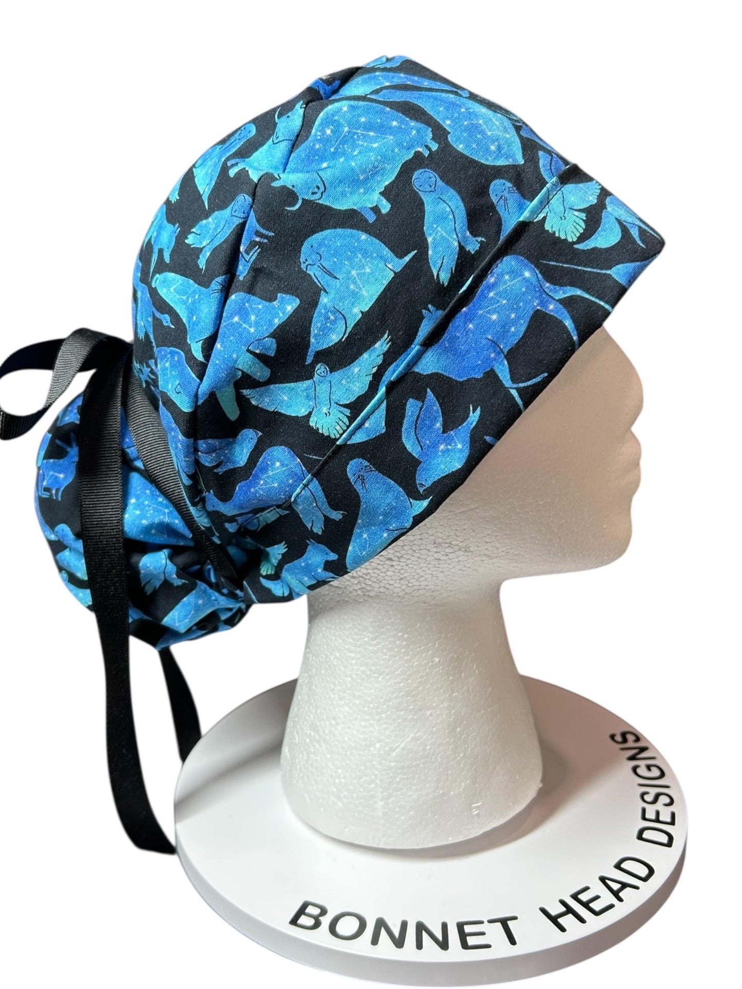 Ponytail scrub cap| Celestial Animals Star print |optional satin lining and mask buttons