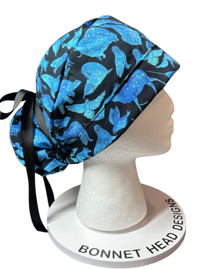 Ponytail scrub cap| Celestial Animals Star print |optional satin lining and mask buttons