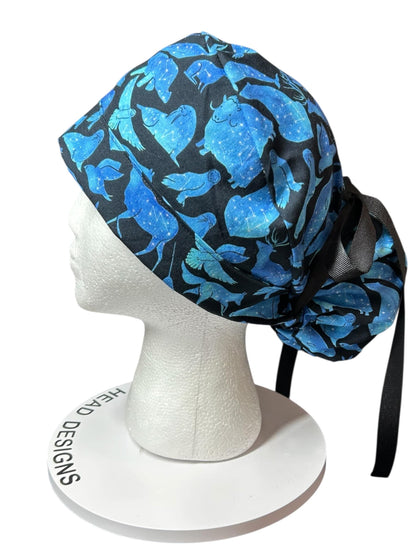 Ponytail scrub cap| Celestial Animals Star print |optional satin lining and mask buttons
