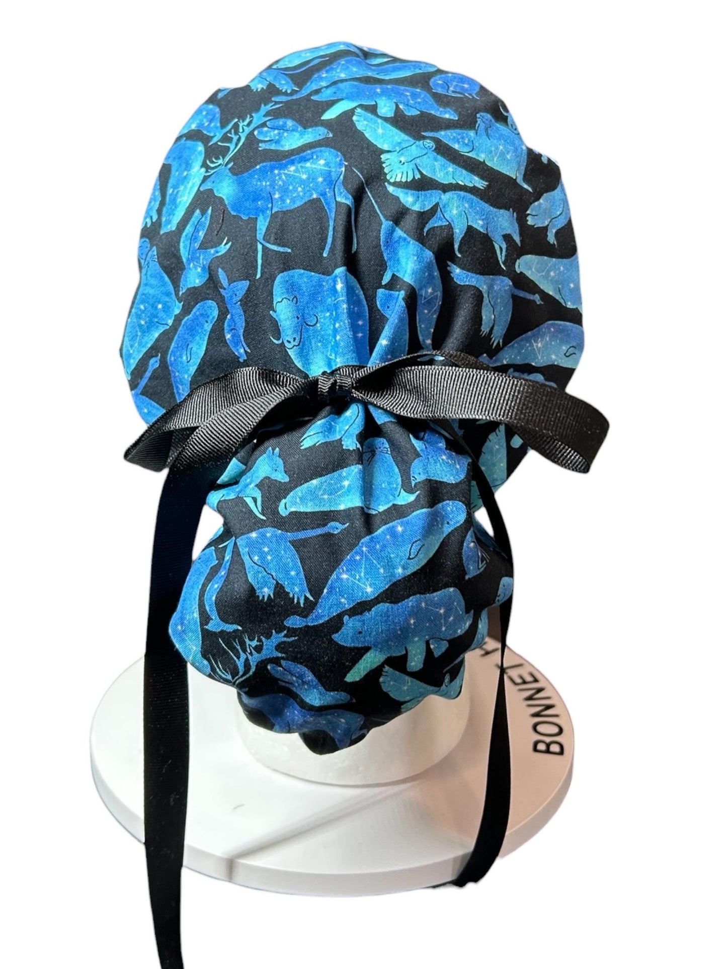 Ponytail scrub cap| Celestial Animals Star print |optional satin lining and mask buttons