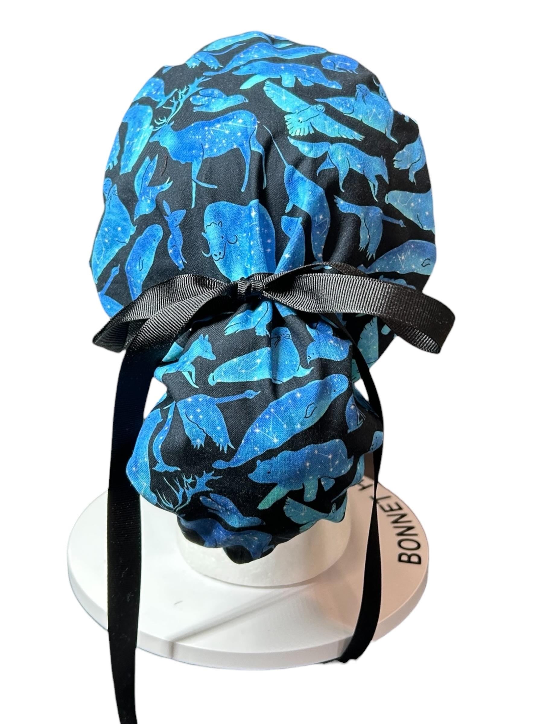Ponytail scrub cap| Celestial Animals Star print |optional satin lining and mask buttons
