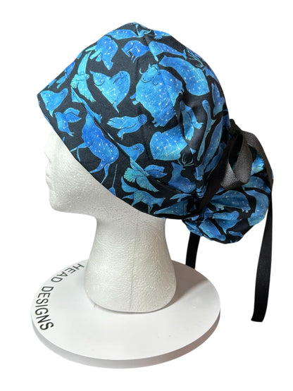 Ponytail scrub cap| Celestial Animals Star print |optional satin lining and mask buttons
